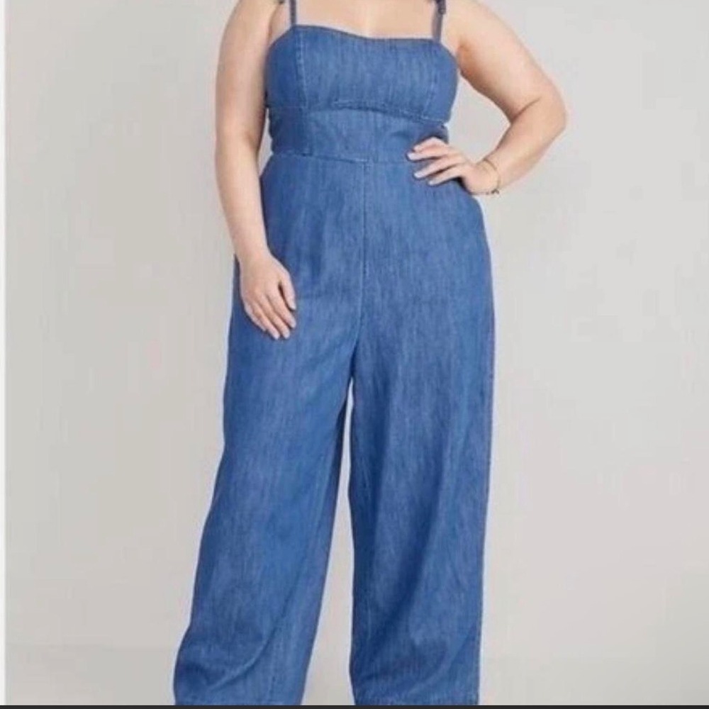 Old Navy Jumpsuit Women XL Blue Denim Tie-Strap Wide Leg Smocked Back